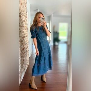 Gap × LoveShackFancy Denim Tiered Midi Dress